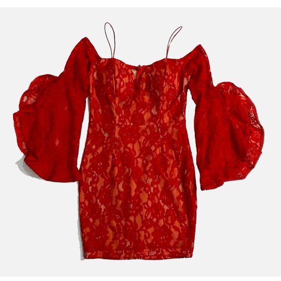 A'GACI Women's Red Lace Off The Shoulder Long Flutter Sleeve Mini Dress Size S - Picture 2 of 14